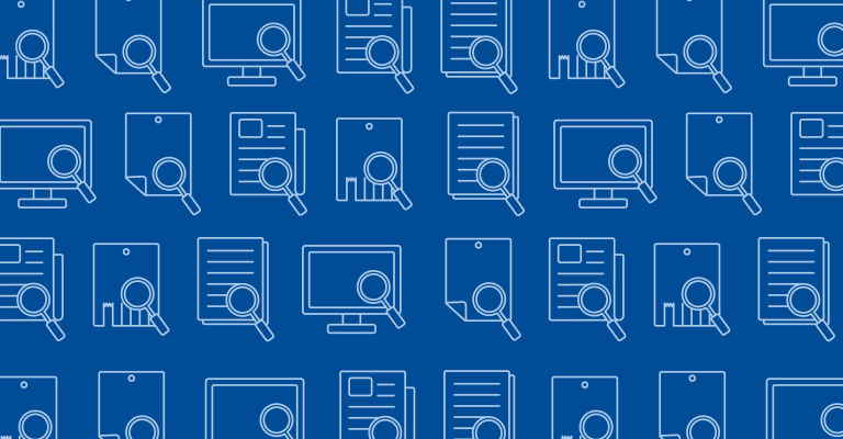 graphic banner image of computer screens and documents with search icons against a blue background