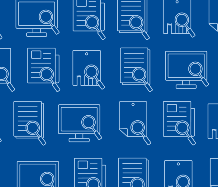 graphic banner image of computer screens and documents with search icons against a blue background