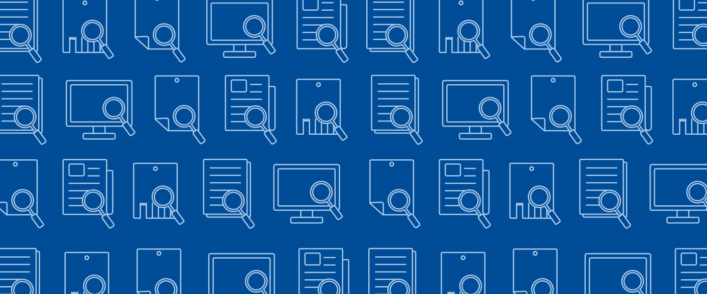 graphic banner image of computer screens and documents with search icons against a blue background
